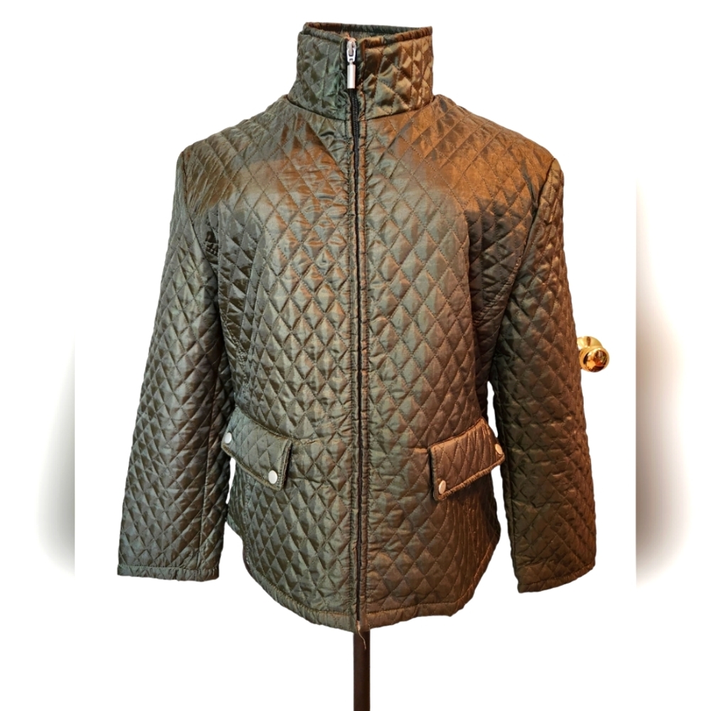 JANE ASHLEY olive green lined quilted jacket. Size Large.